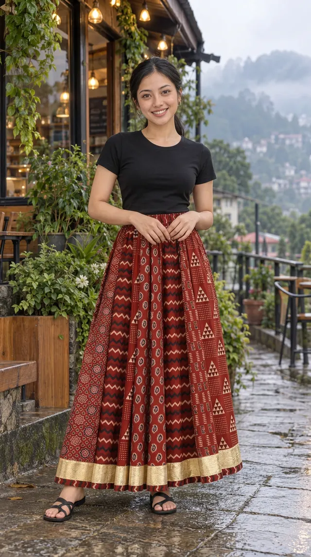 Naomi wearing the maroon printed maxi skirt, front view, at a rainy café terrace